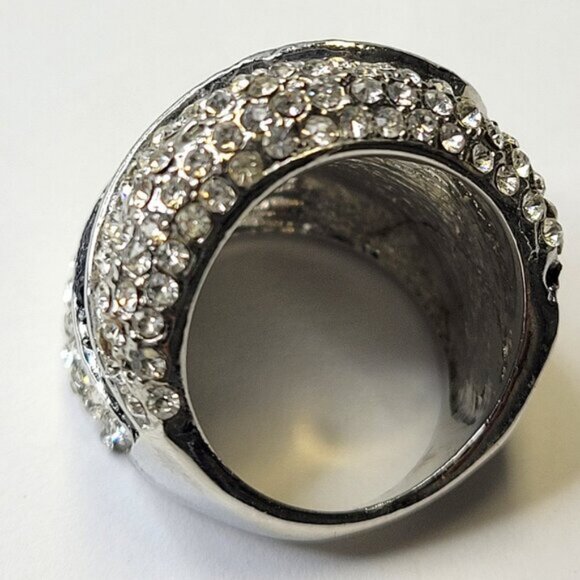 Two Tone Silver and Black Color Wide Ring Concave Design with Rhinestones Sz 5 - Picture 10 of 14